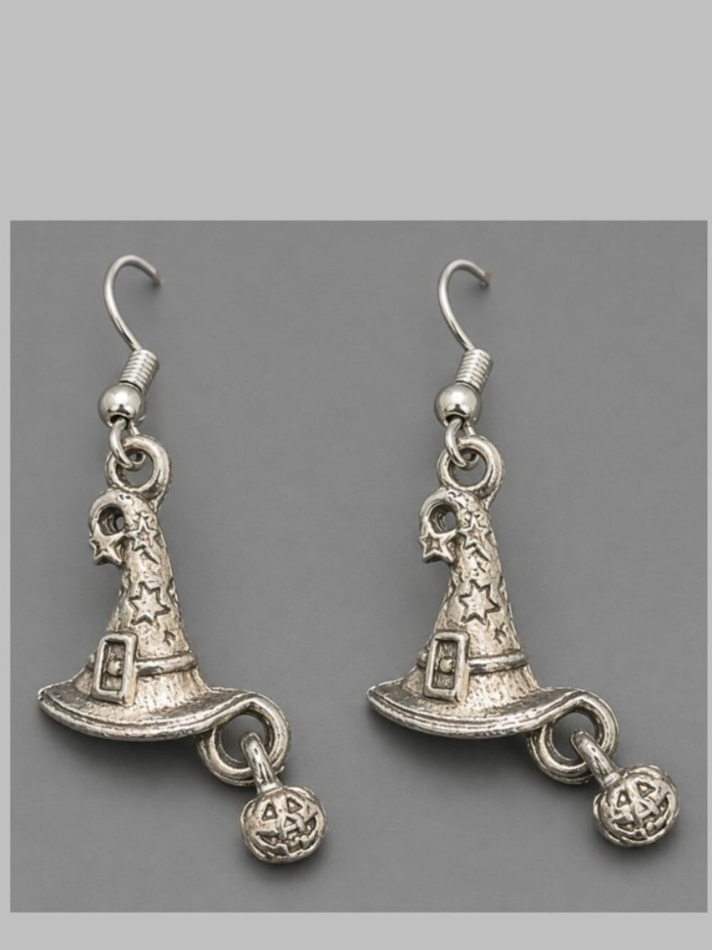 Silver Tone Halloween Witch Hat Pumpkin Dangle Drop Earrings Spooky Costume